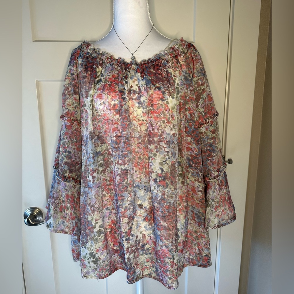 Zac & Rachel Woman 1X Boho Off-Shoulder Peasant Blouse Ruffle Bell Sleeves‎